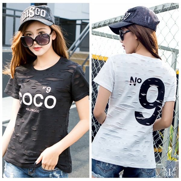 メール便901378】大きいサイズ 穴あき風 HOLLYWOOD  COCO N9プリント デカロゴ　セレカジ　大人気 Tシャツ F 4L~6L