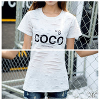 メール便901378】大きいサイズ 穴あき風 HOLLYWOOD  COCO N9プリント デカロゴ　セレカジ　大人気 Tシャツ F 4L~6L