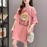 メール便736325】大きいサイズ春夏 韓国 レディース ファッション レースアップ Tシャツワンピース LL-4L　くまプリント