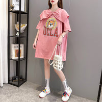 メール便736325】大きいサイズ春夏 韓国 レディース ファッション レースアップ Tシャツワンピース LL-4L　くまプリント