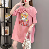 メール便736325】大きいサイズ春夏 韓国 レディース ファッション レースアップ Tシャツワンピース LL-4L　くまプリント