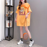 メール便736325】大きいサイズ春夏 韓国 レディース ファッション レースアップ Tシャツワンピース LL-4L　くまプリント